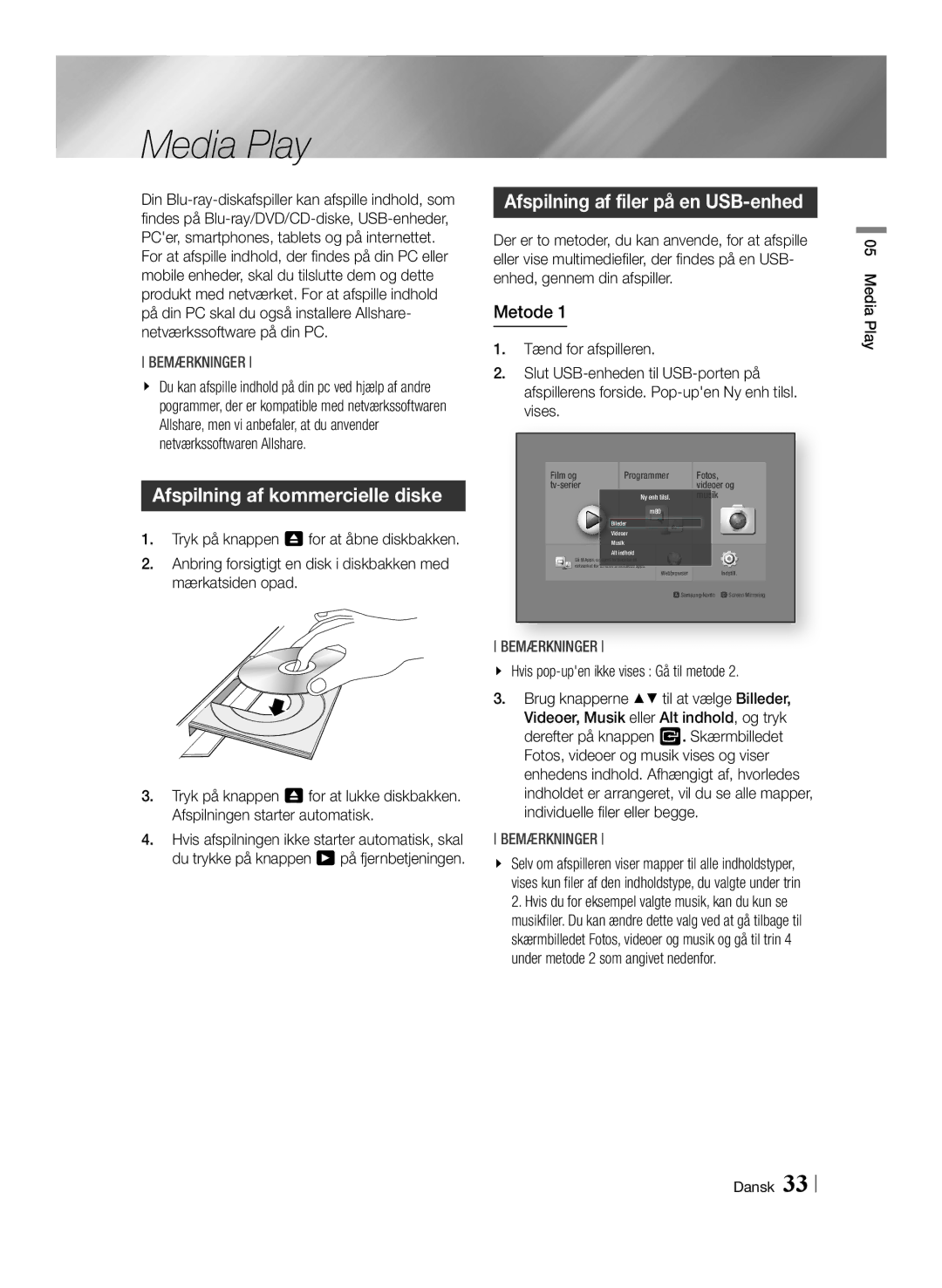 Samsung BD-F6500/XE manual Media Play, Afspilning af kommercielle diske 