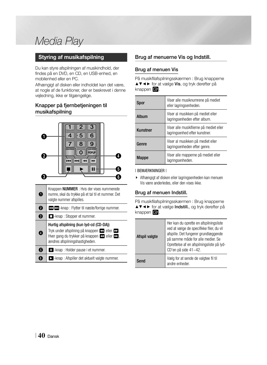 Samsung BD-F6500/XE manual Styring af musikafspilning, Knapper på fjernbetjeningen til musikafspilning 