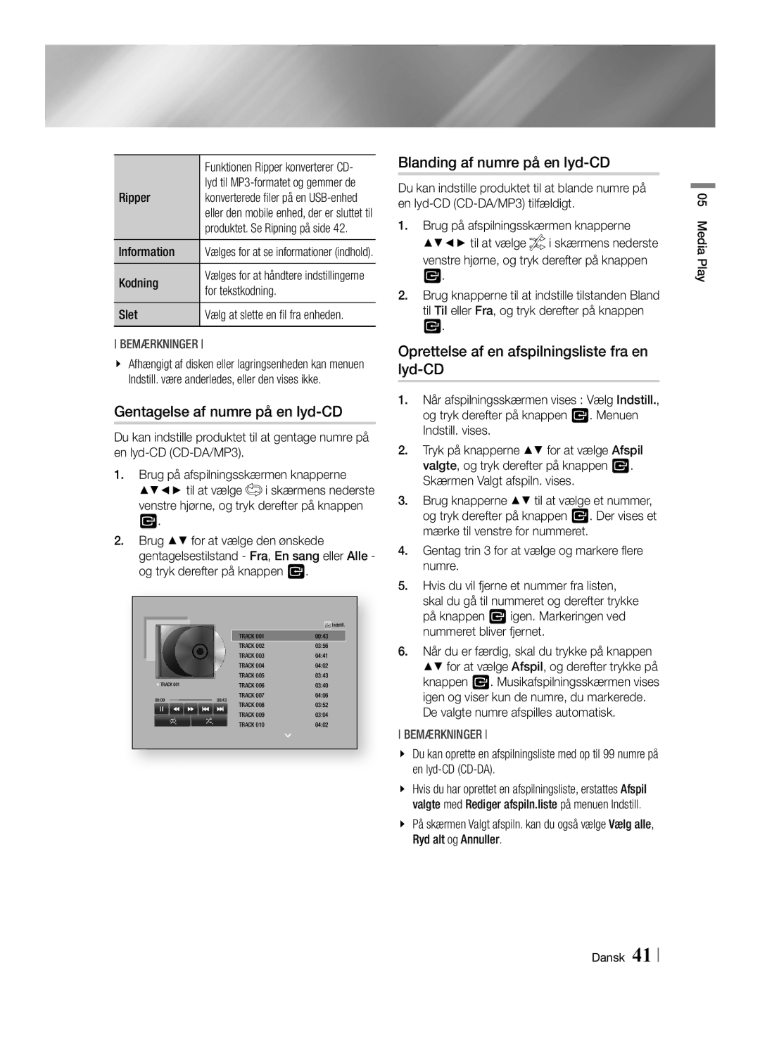 Samsung BD-F6500/XE manual Gentagelse af numre på en lyd-CD, Blanding af numre på en lyd-CD 