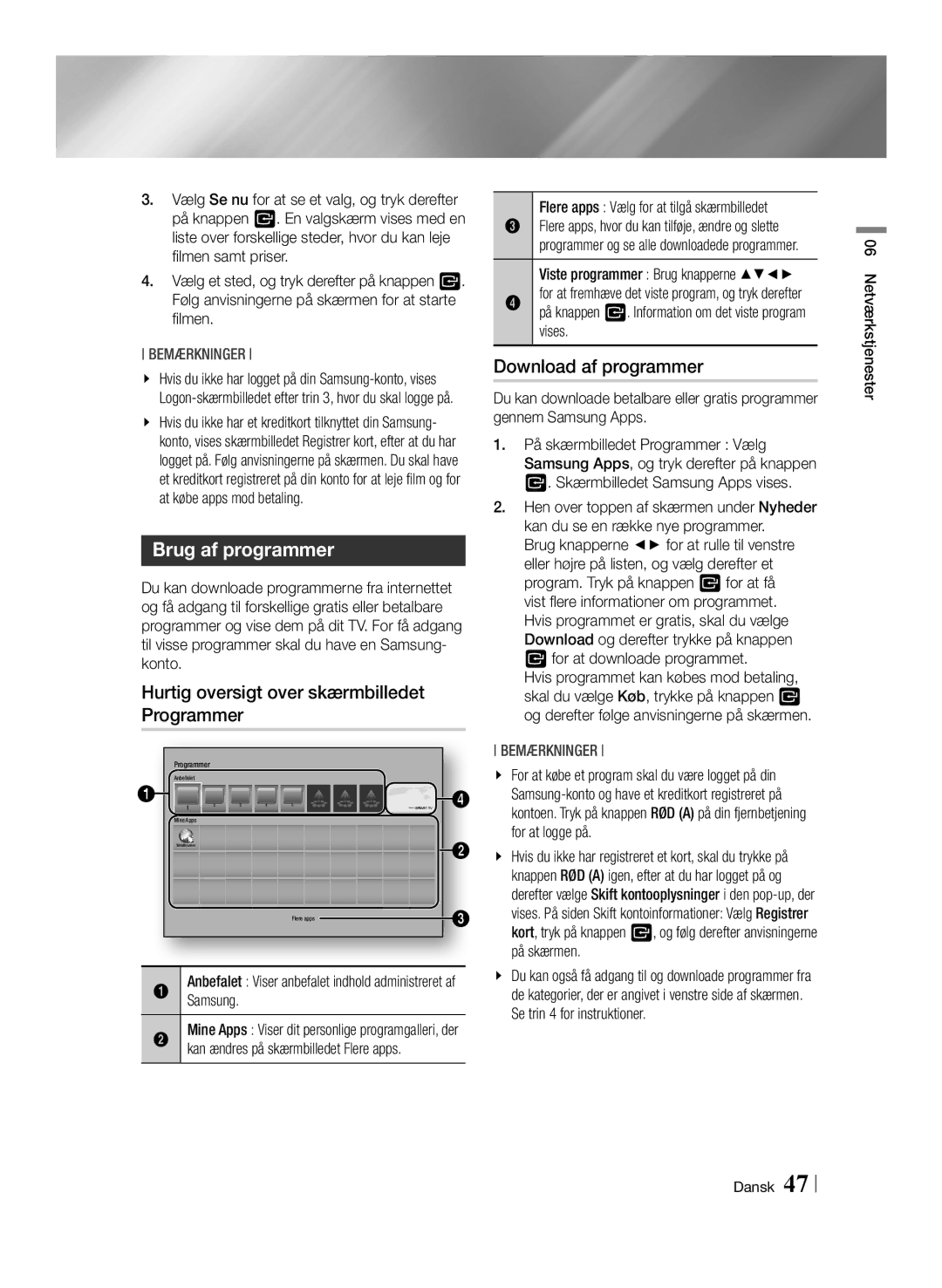 Samsung BD-F6500/XE manual Brug af programmer, Download af programmer, Hurtig oversigt over skærmbilledet Programmer 