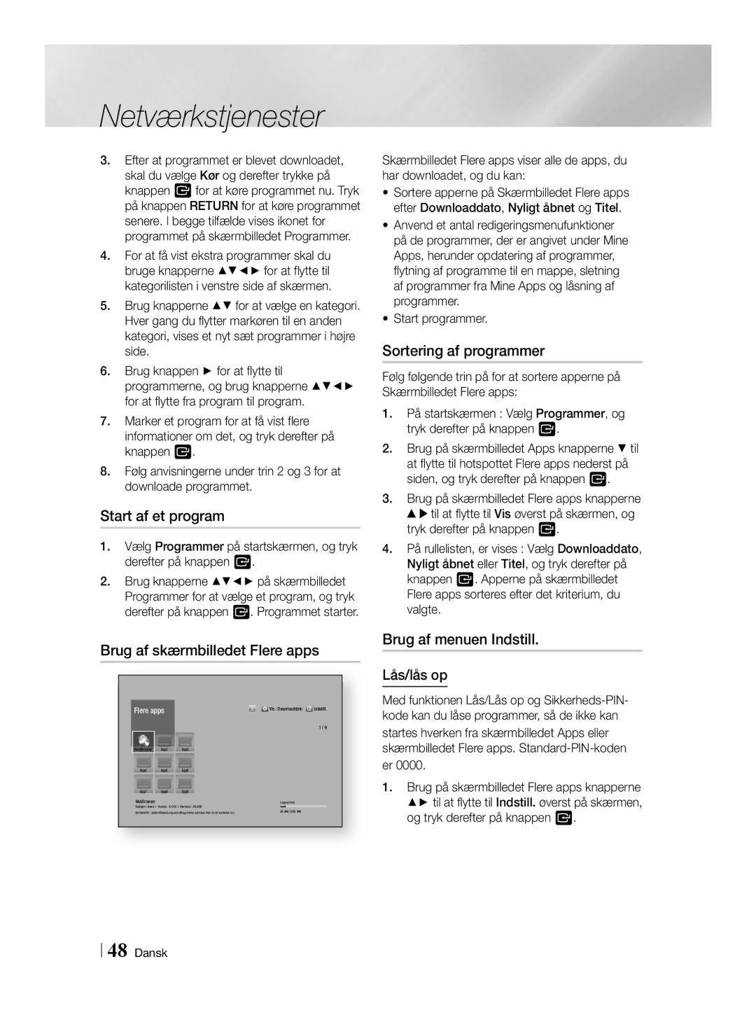 Samsung BD-F6500/XE manual Start af et program, Brug af skærmbilledet Flere apps, Sortering af programmer, Lås/lås op 