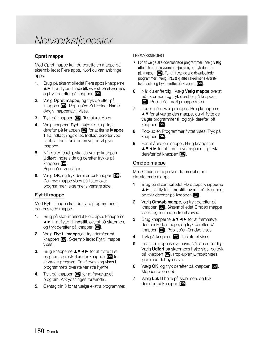 Samsung BD-F6500/XE manual Opret mappe, Flyt til mappe, Omdøb mappe, Pop-upen Programmer flyttet vises. Tryk på knappen 