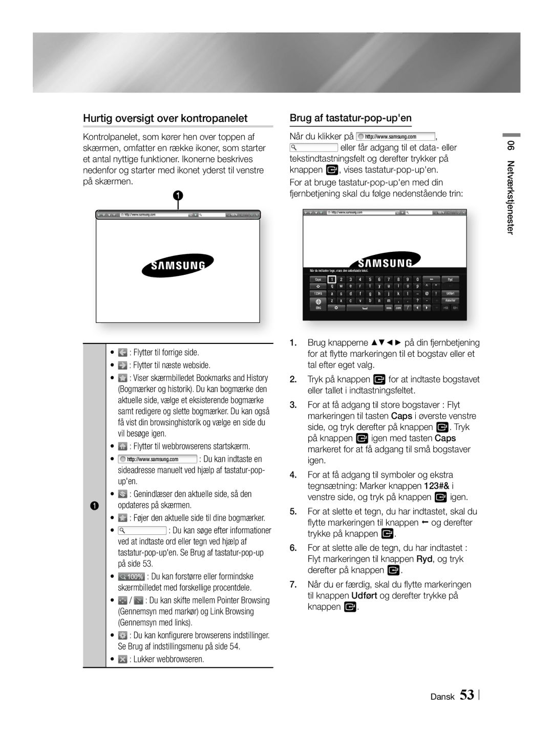 Samsung BD-F6500/XE manual Hurtig oversigt over kontropanelet, Brug af tastatur-pop-upen 