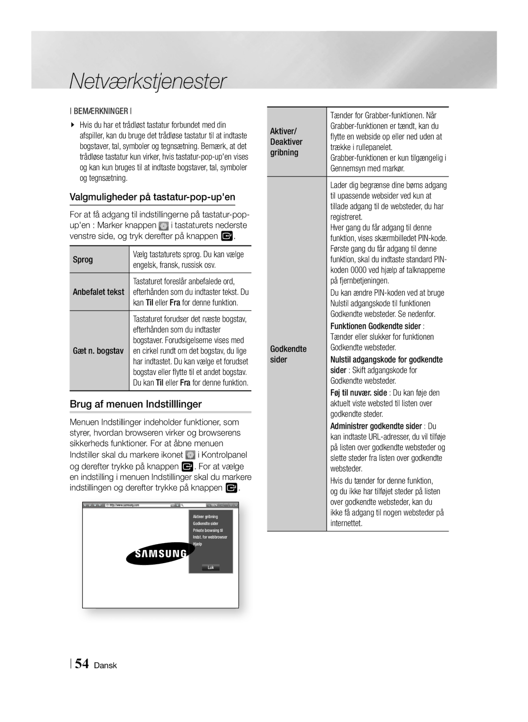 Samsung BD-F6500/XE manual Brug af menuen Indstilllinger, Valgmuligheder på tastatur-pop-upen 