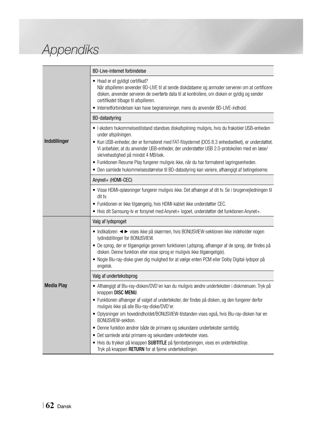 Samsung BD-F6500/XE manual BD-Live-internet forbindelse Hvad er et gyldigt certifikat?, Indstillinger Under afspilningen 