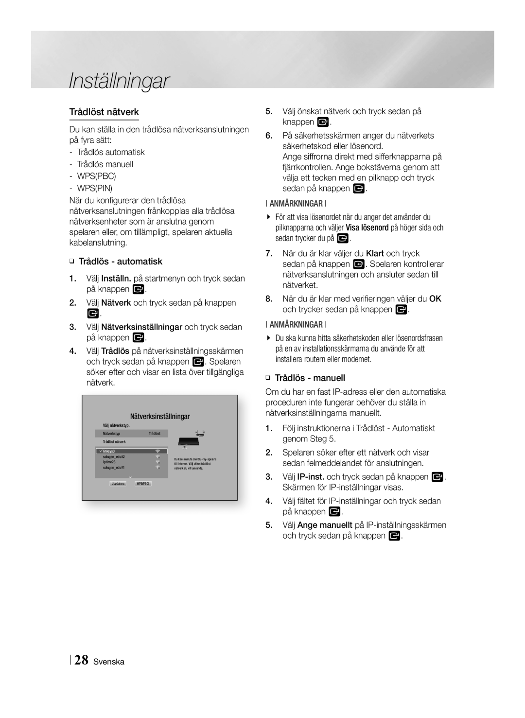 Samsung BD-F6500/XE manual Trådlöst nätverk, Wpspin, Välj önskat nätverk och tryck sedan på knappen, ĞĞ Trådlös manuell 