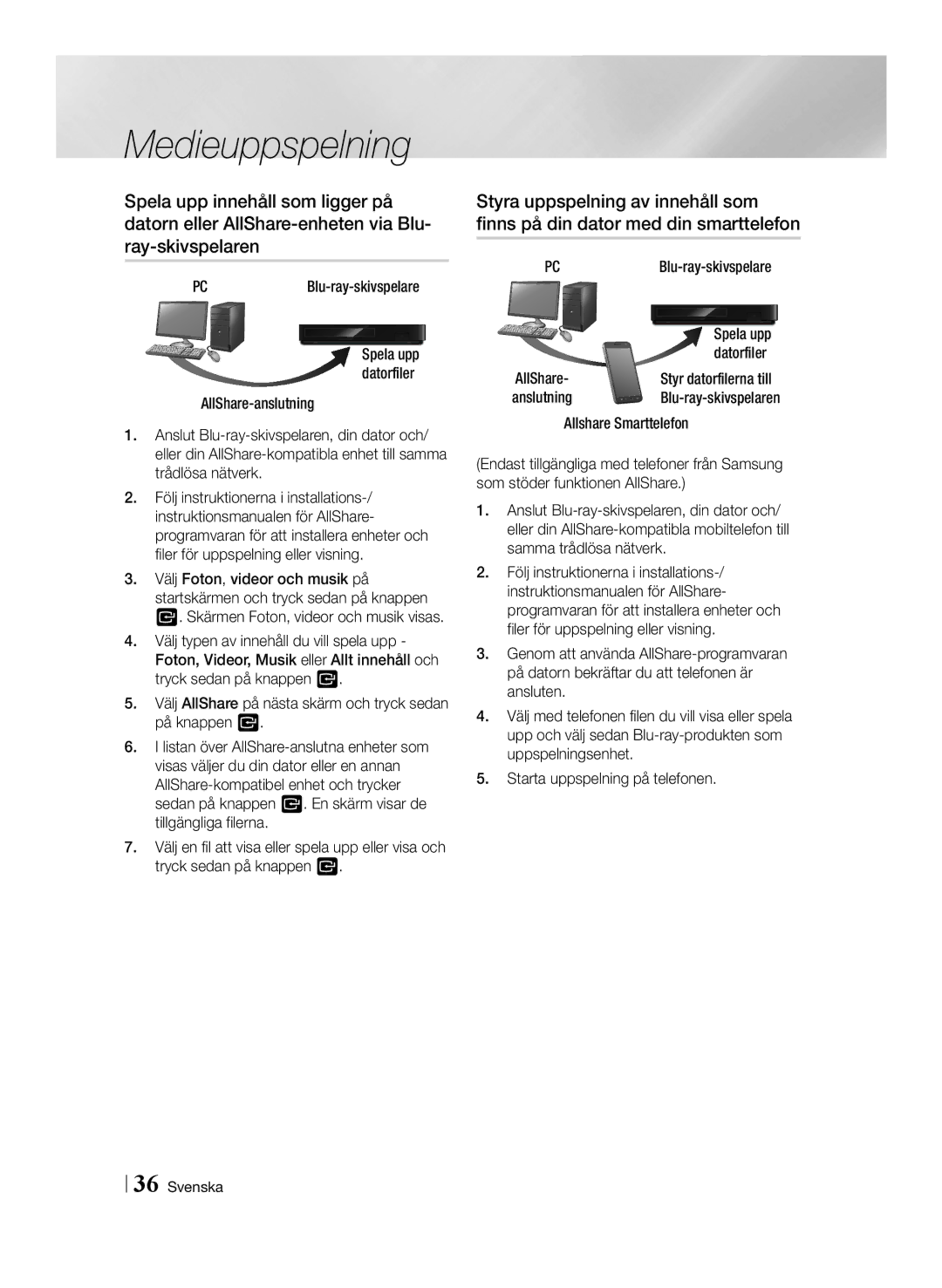 Samsung BD-F6500/XE manual PCBlu-ray-skivspelare, Datorfiler, Starta uppspelning på telefonen, Spela upp datorfiler 