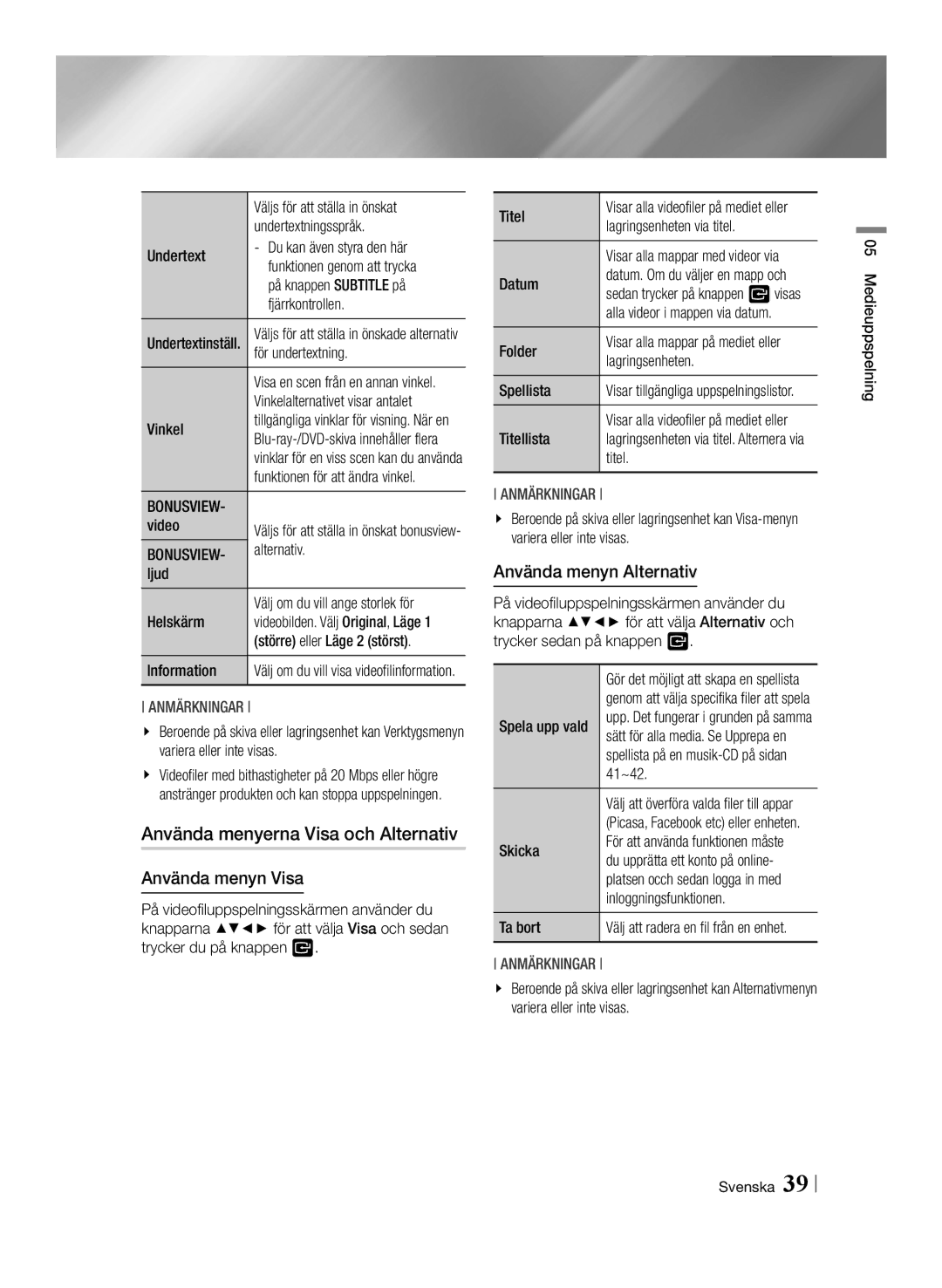 Samsung BD-F6500/XE manual Använda menyerna Visa och Alternativ, Använda menyn Visa, Använda menyn Alternativ, Bonusview 