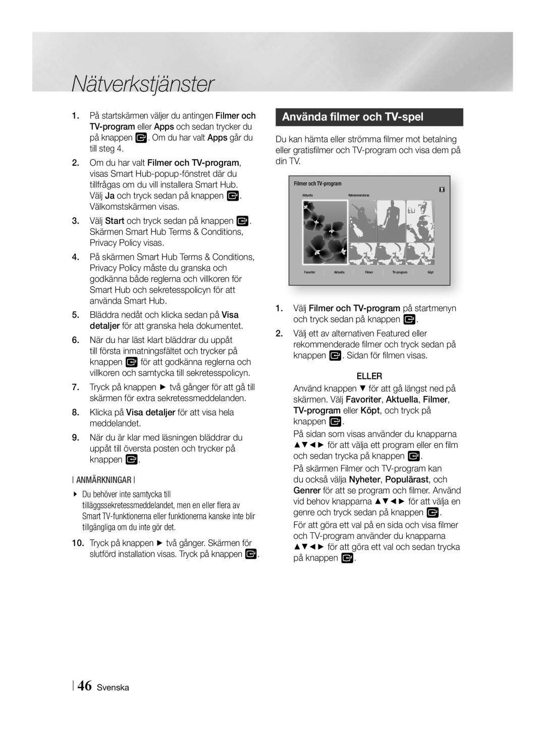 Samsung BD-F6500/XE manual Använda filmer och TV-spel, Eller 