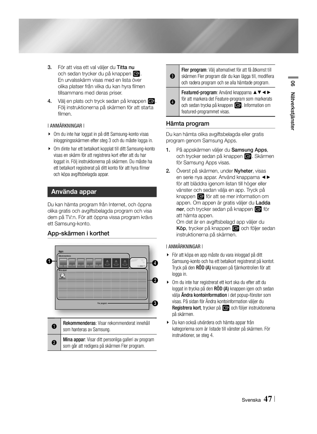 Samsung BD-F6500/XE manual Använda appar, App-skärmen i korthet, Hämta program 