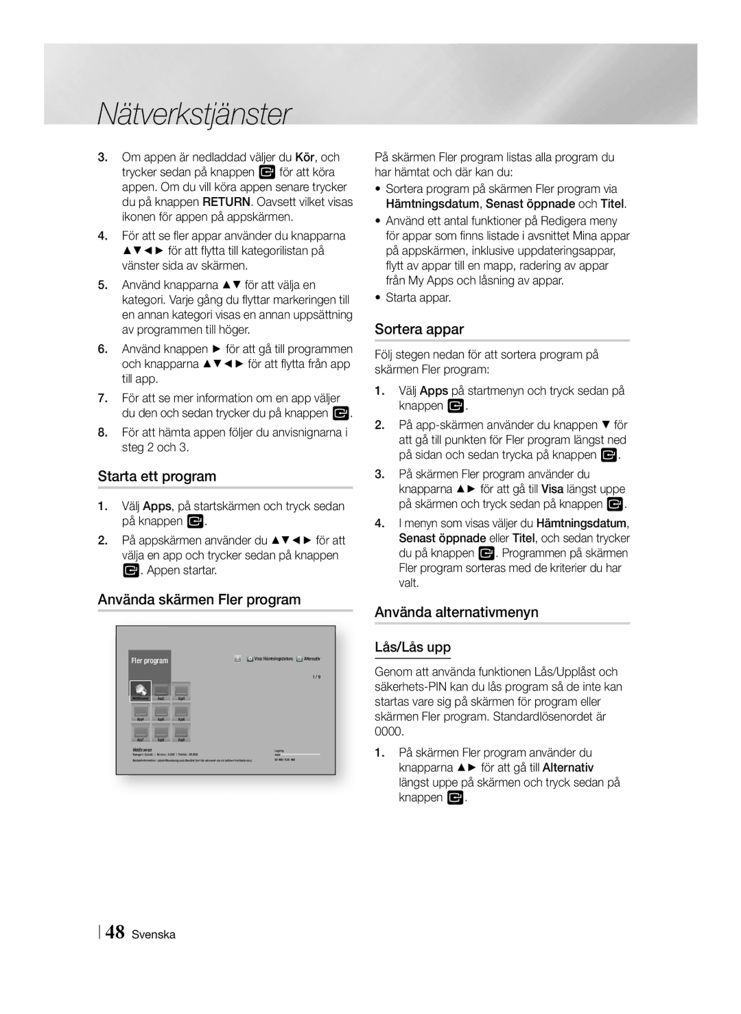 Samsung BD-F6500/XE Starta ett program, Använda skärmen Fler program, Sortera appar, Använda alternativmenyn, Lås/Lås upp 