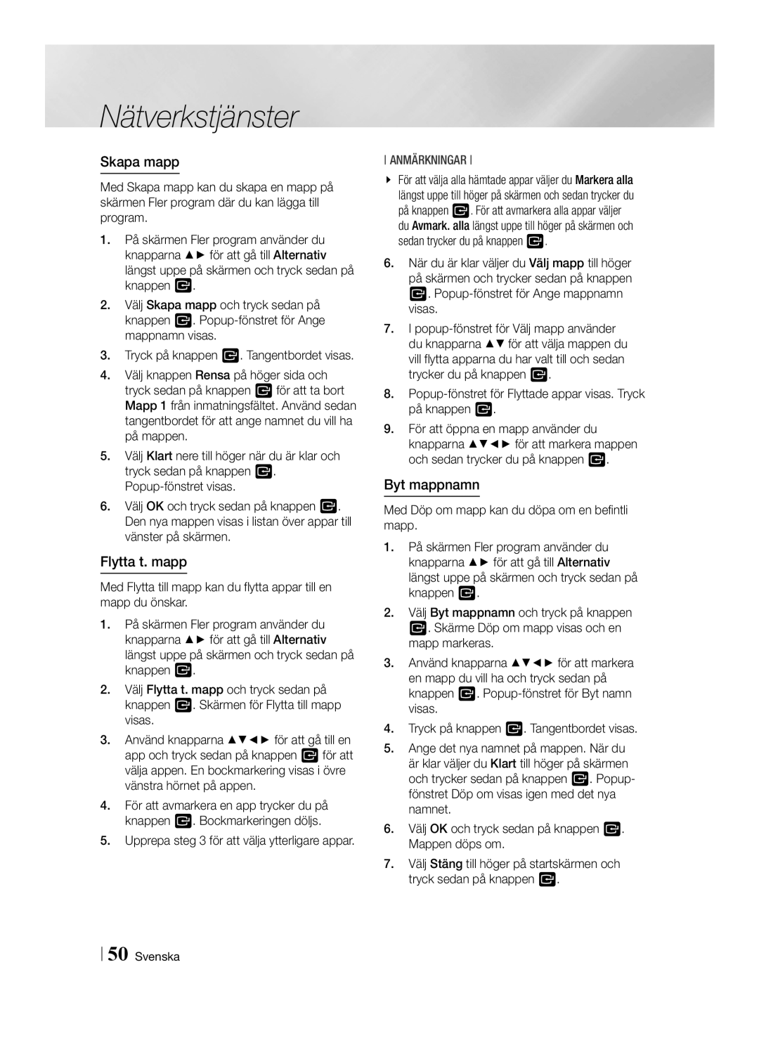 Samsung BD-F6500/XE manual Skapa mapp, Flytta t. mapp, Byt mappnamn, Upprepa steg 3 för att välja ytterligare appar 