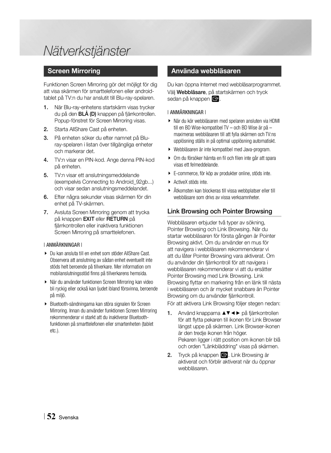 Samsung BD-F6500/XE manual Screen Mirroring, Använda webbläsaren, Link Browsing och Pointer Browsing 