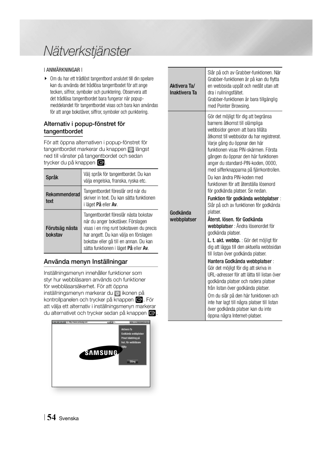 Samsung BD-F6500/XE manual Använda menyn Inställningar, Alternativ i popup-fönstret för tangentbordet 