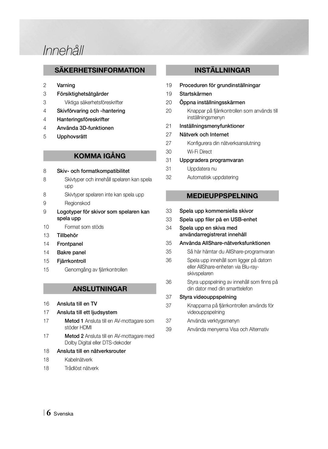 Samsung BD-F6500/XE manual Innehåll, Säkerhetsinformation 