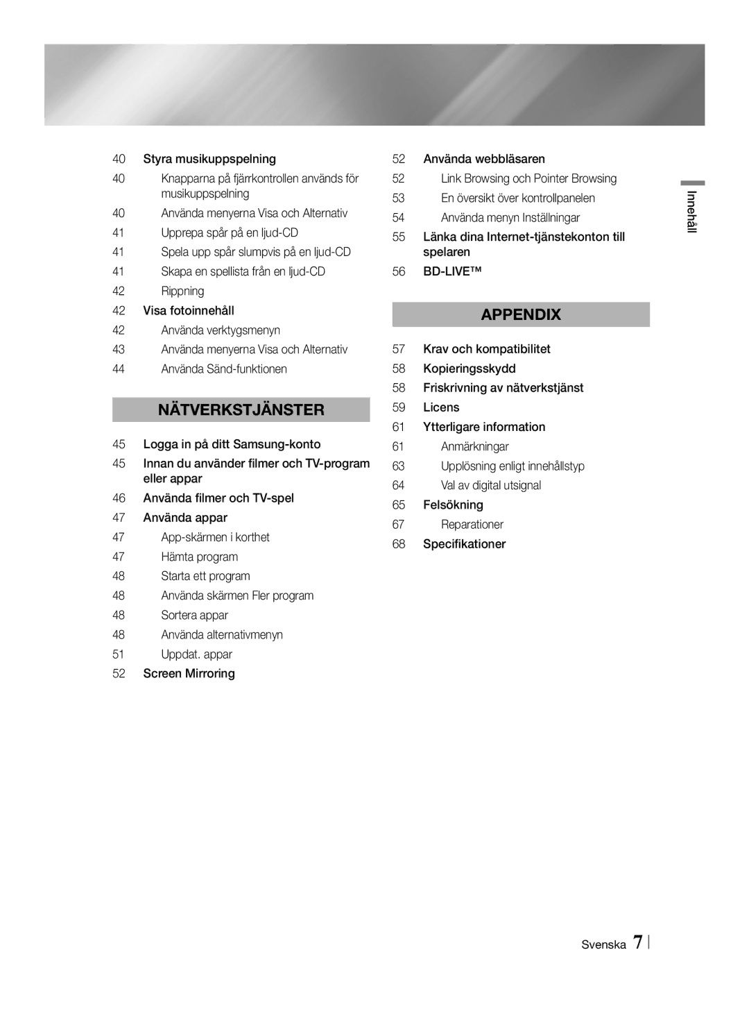 Samsung BD-F6500/XE manual Bd-Live, Innehåll Svenska 