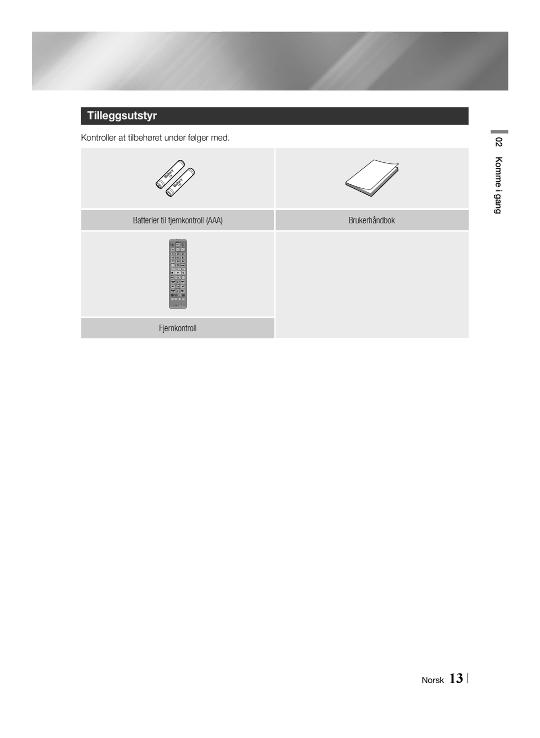 Samsung BD-F6500/XE manual Tilleggsutstyr, Fjernkontroll 