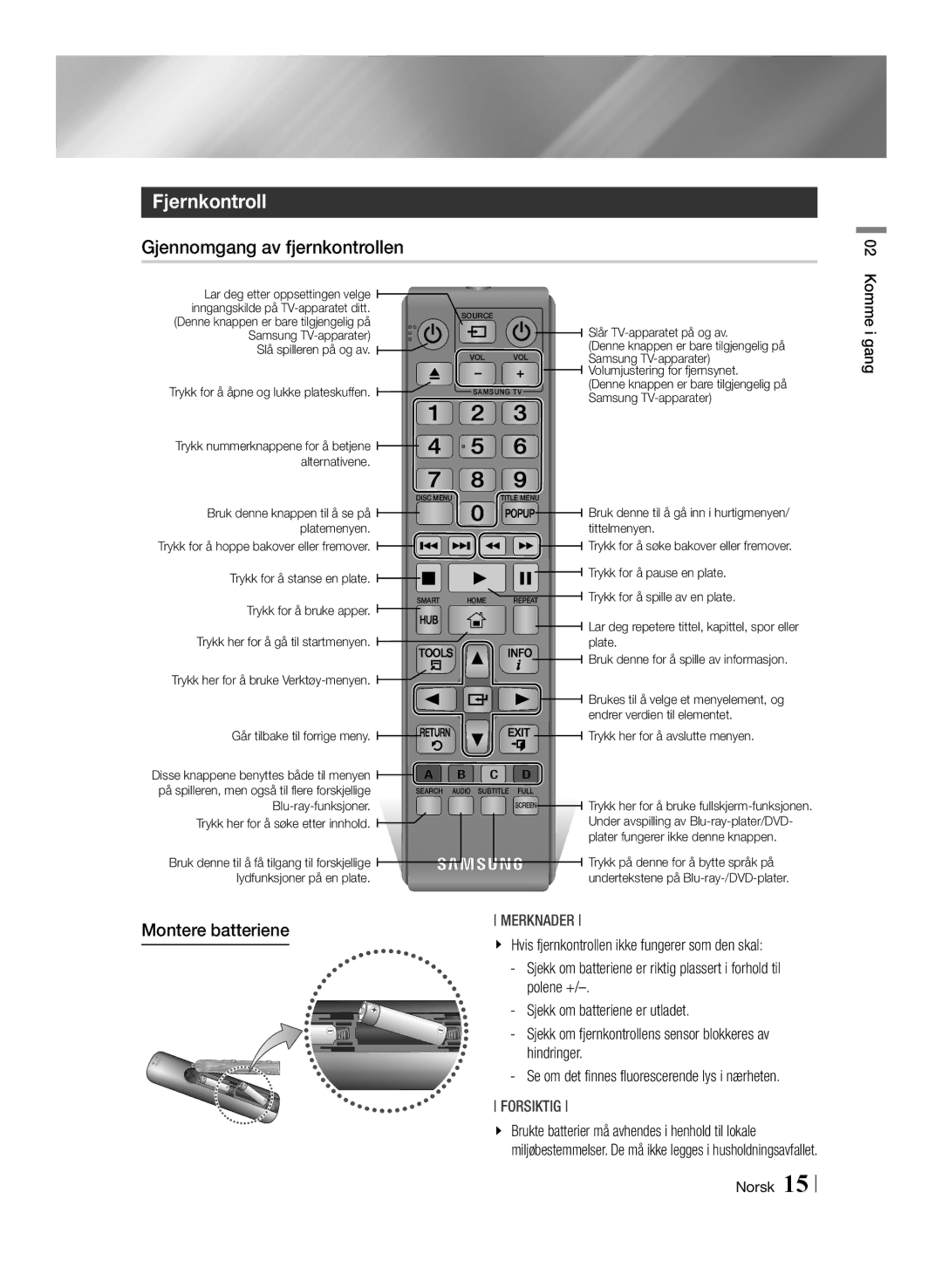 Samsung BD-F6500/XE manual Fjernkontroll, Gjennomgang av fjernkontrollen, Montere batteriene 