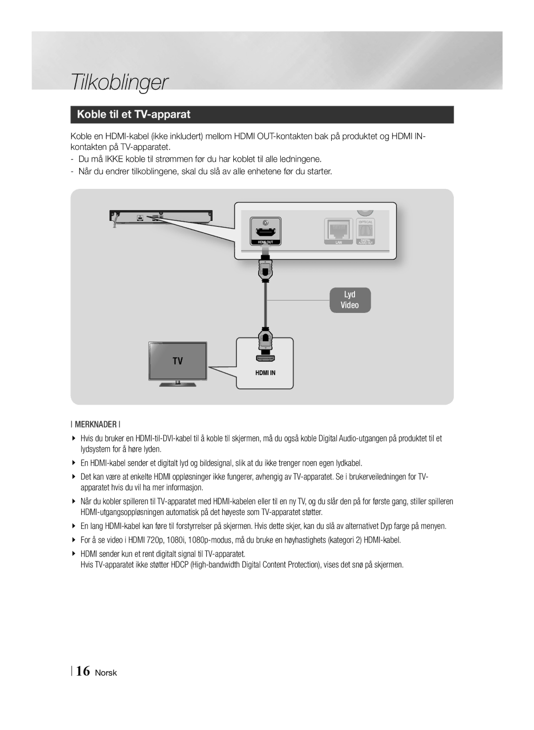 Samsung BD-F6500/XE manual Tilkoblinger, Koble til et TV-apparat, Hdmi sender kun et rent digitalt signal til TV-apparatet 