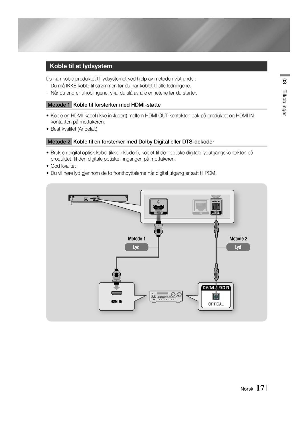 Samsung BD-F6500/XE manual Koble til et lydsystem, Tilkoblinger Norsk 