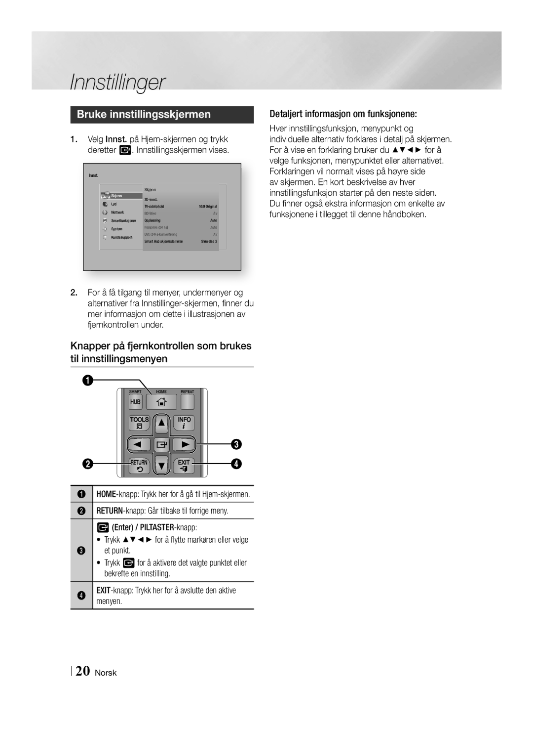 Samsung BD-F6500/XE manual Bruke innstillingsskjermen, Detaljert informasjon om funksjonene, Et punkt, Menyen 