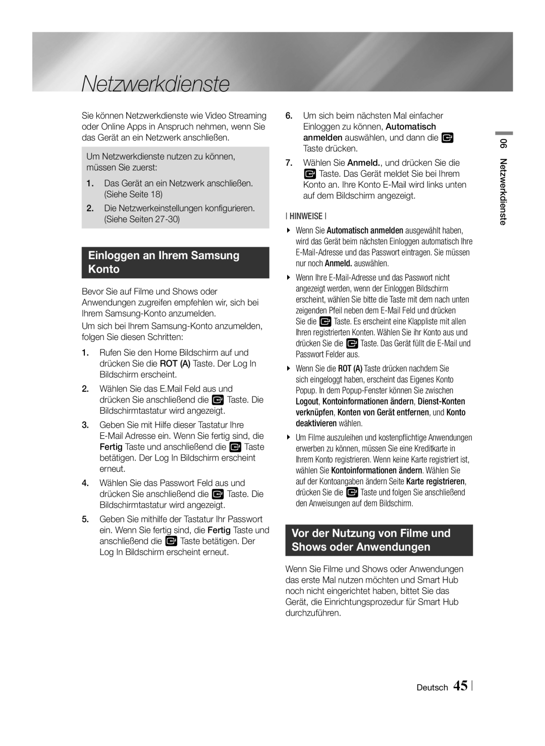 Samsung BD-F6500/ZF, BD-F6500/XN, BD-F6500/EN, BD-F6500/XE Einloggen an Ihrem Samsung Konto, Netzwerkdienste Deutsch 