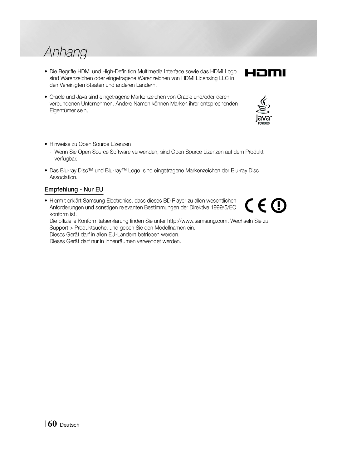 Samsung BD-F6500/EN, BD-F6500/XN, BD-F6500/ZF, BD-F6500/XE manual Empfehlung Nur EU 