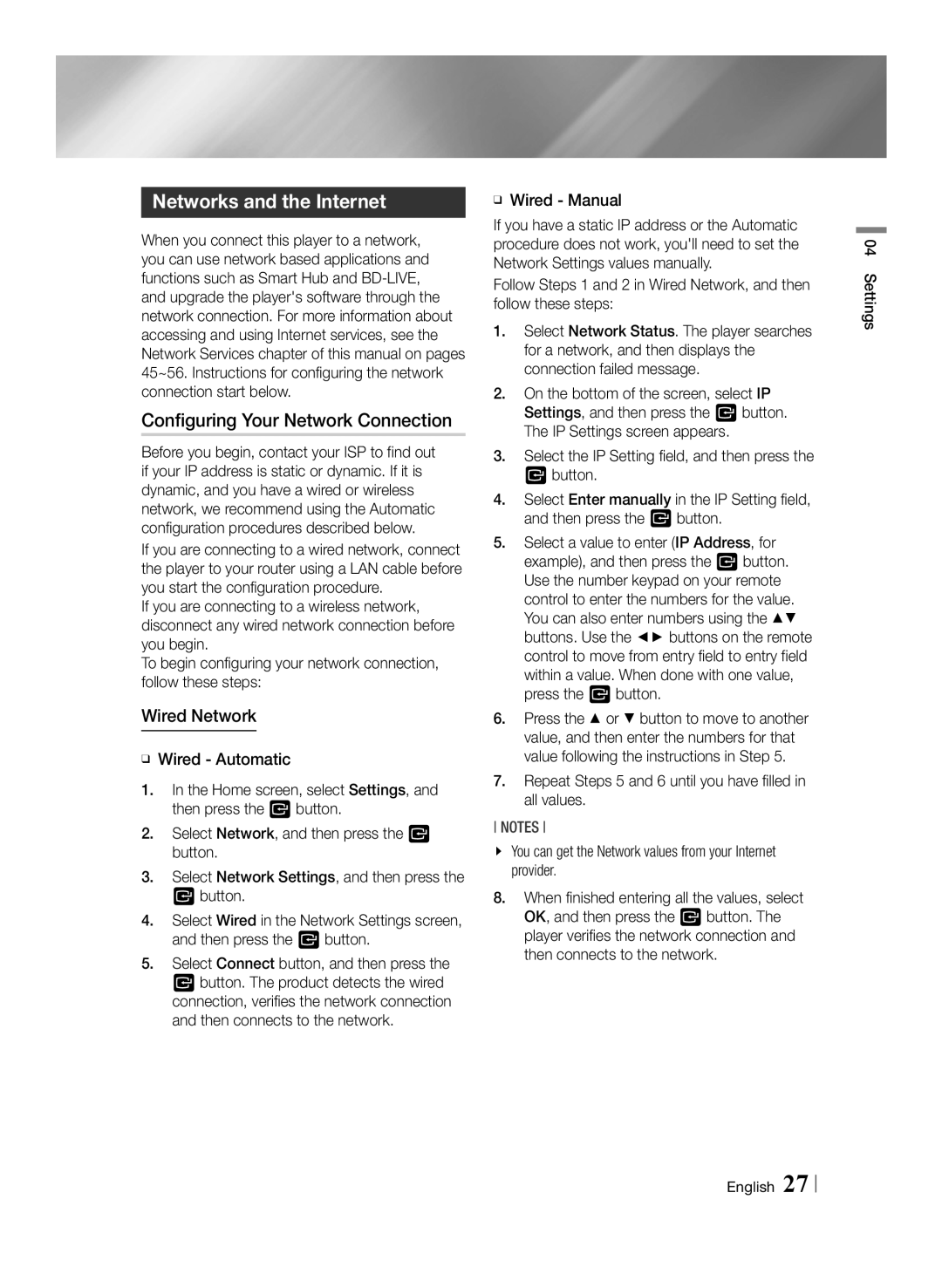 Samsung BD-F6500/XE manual Networks and the Internet, Configuring Your Network Connection, Wired Network, ĞĞ Wired Manual 