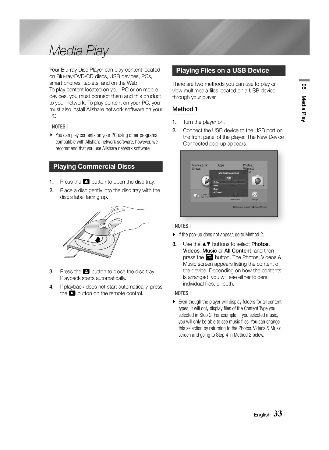 Samsung BD-F6500/EN, BD-F6500/XN, BD-F6500/ZF Media Play, Playing Commercial Discs, Playing Files on a USB Device, Method 