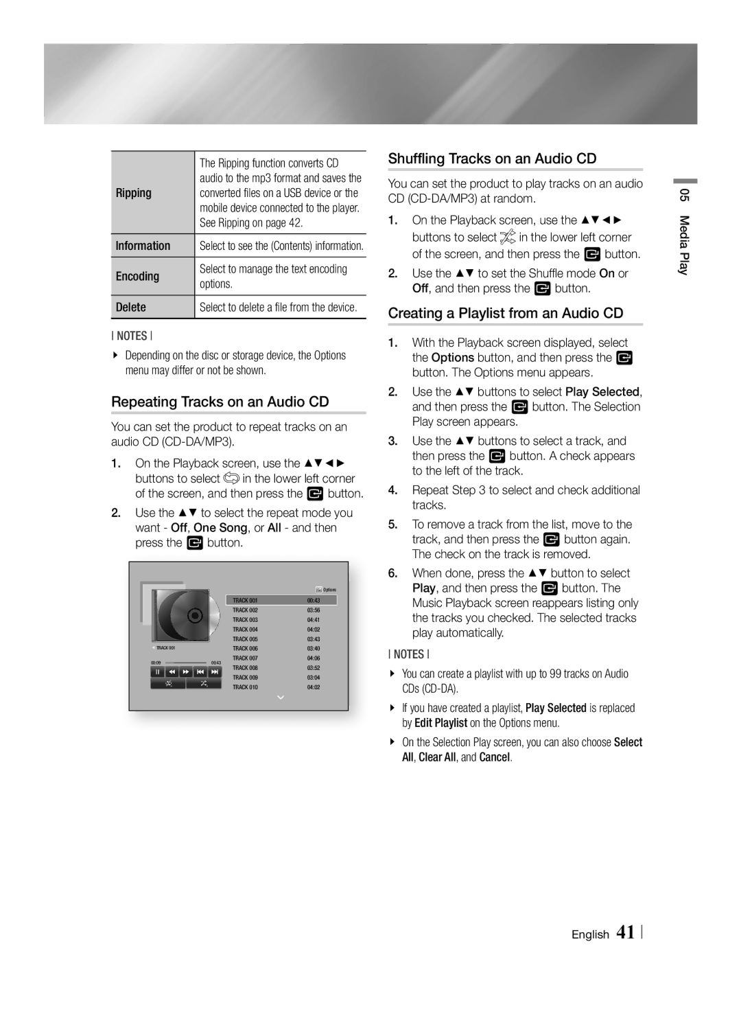Samsung BD-F6500/EN Repeating Tracks on an Audio CD, Shuffling Tracks on an Audio CD, Creating a Playlist from an Audio CD 
