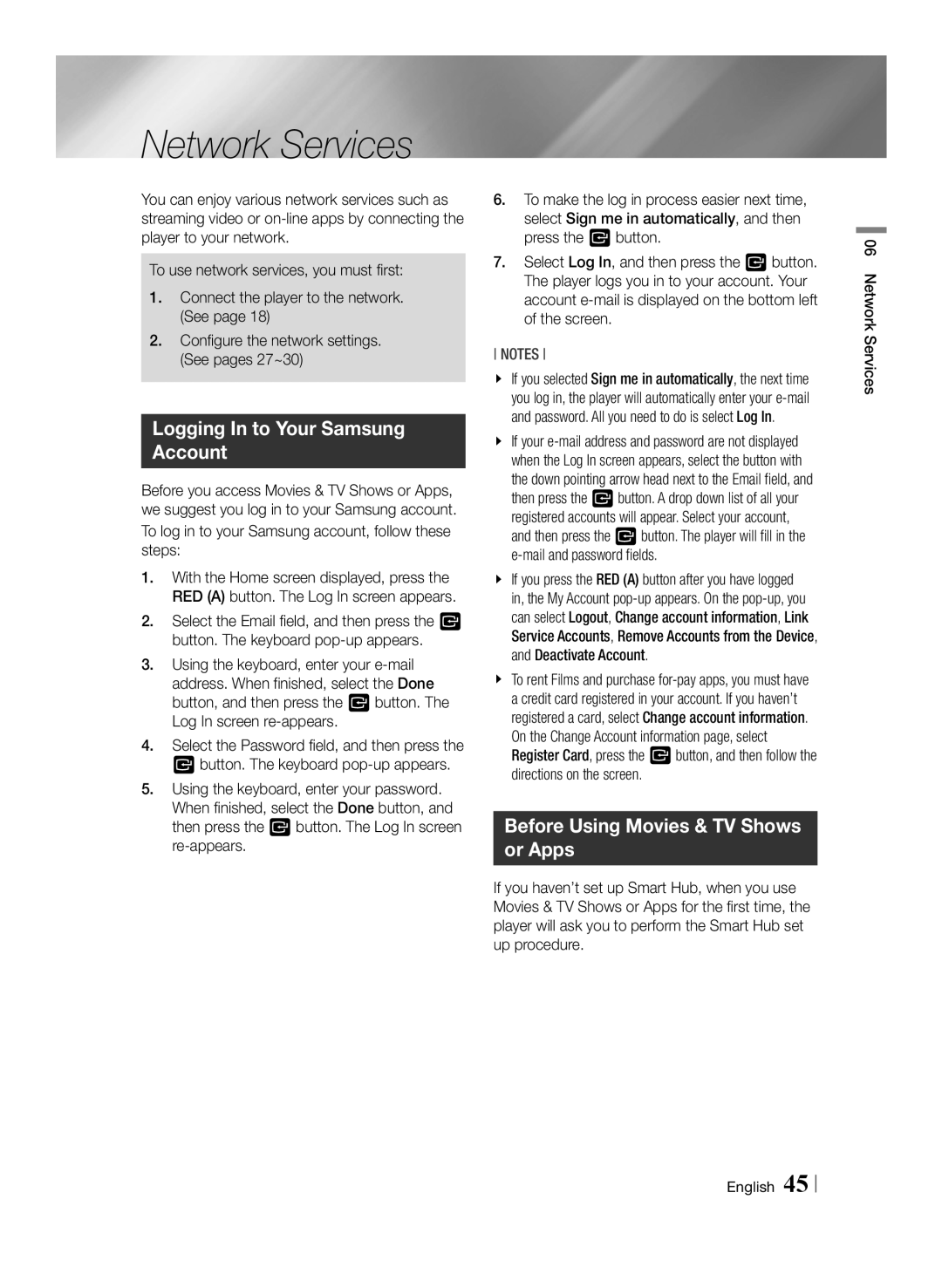 Samsung BD-F6500/EN manual Network Services, Logging In to Your Samsung Account, Before Using Movies & TV Shows or Apps 