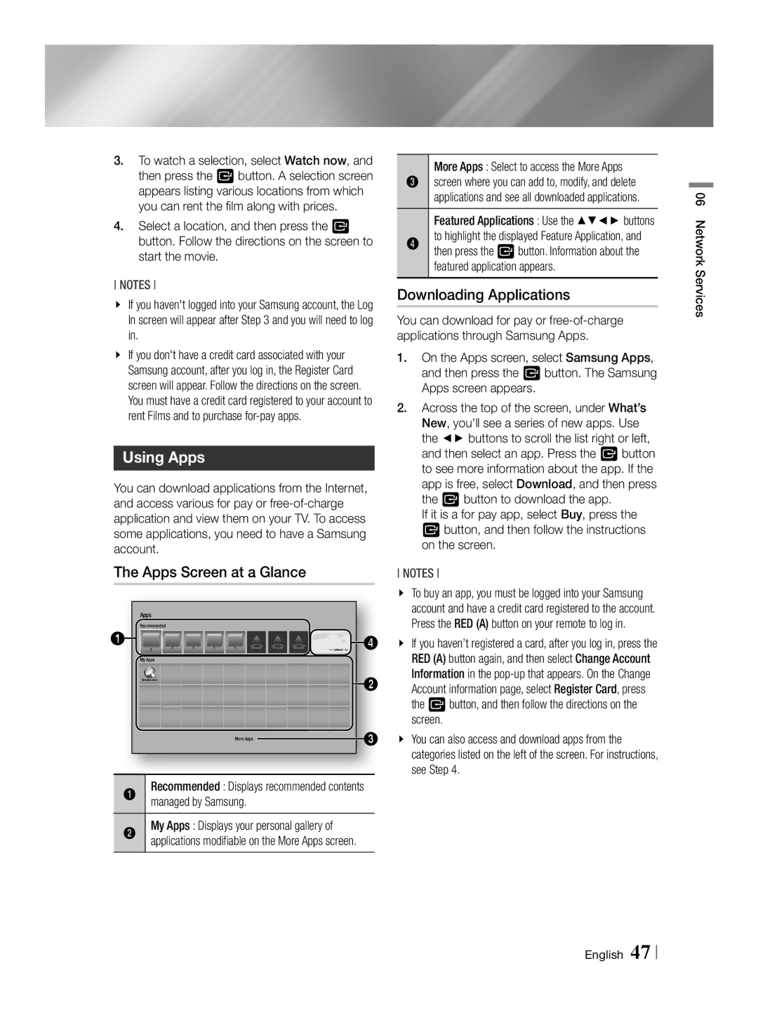 Samsung BD-F6500/XE, BD-F6500/XN manual Using Apps, Apps Screen at a Glance, Downloading Applications, Managed by Samsung 