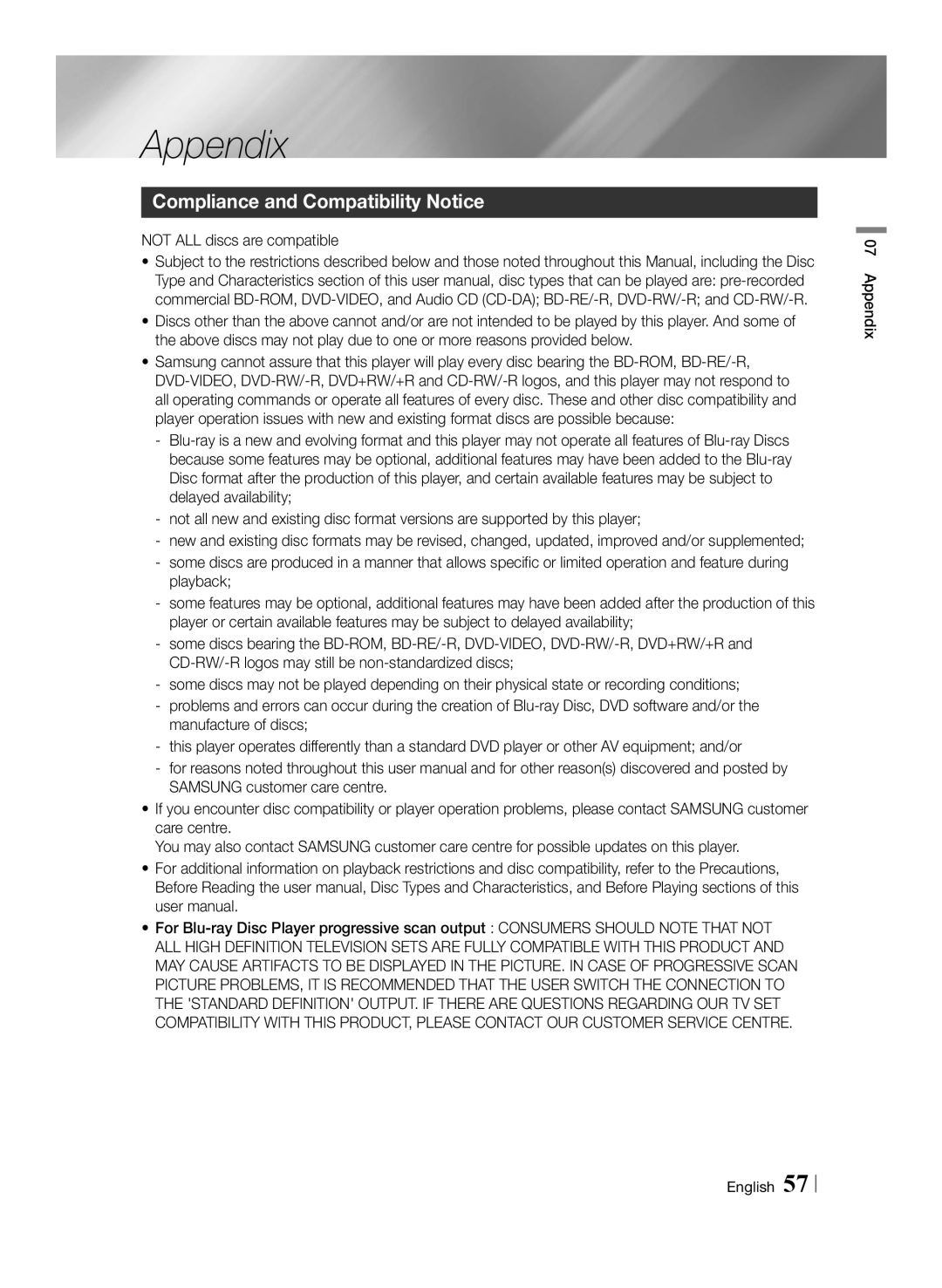 Samsung BD-F6500/EN, BD-F6500/XN, BD-F6500/ZF, BD-F6500/XE manual Compliance and Compatibility Notice, Appendix English 