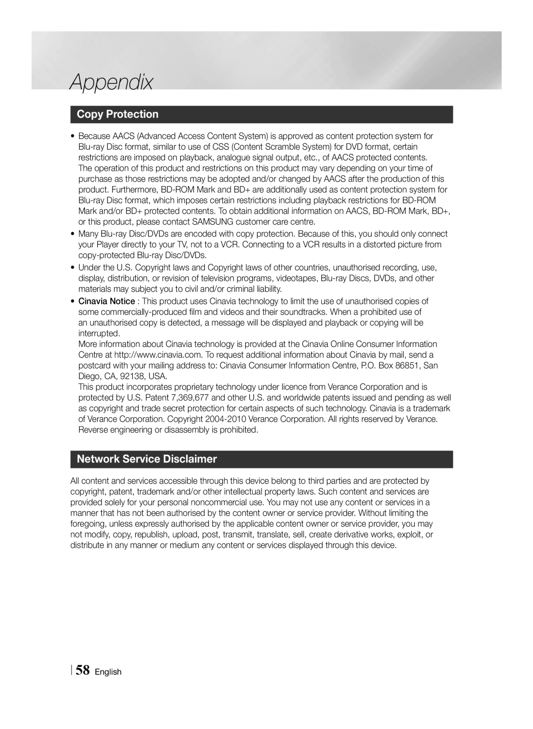 Samsung BD-F6500/ZF, BD-F6500/XN, BD-F6500/EN, BD-F6500/XE manual Copy Protection, Network Service Disclaimer 