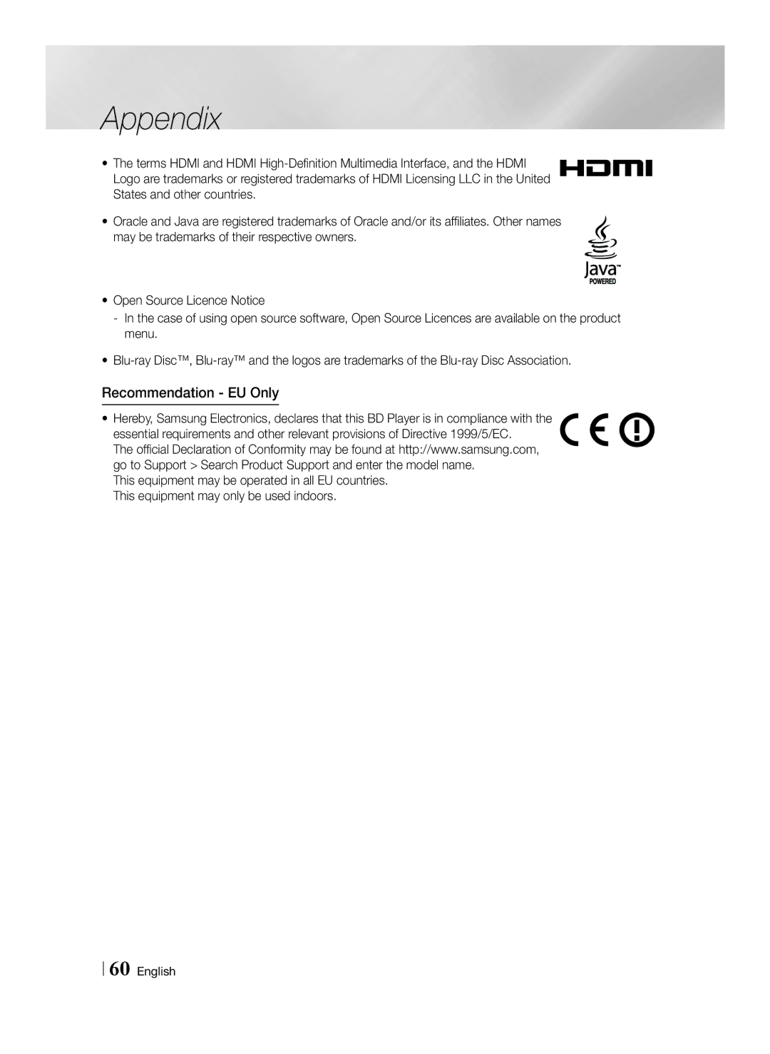 Samsung BD-F6500/XN, BD-F6500/EN, BD-F6500/ZF, BD-F6500/XE manual Recommendation EU Only 