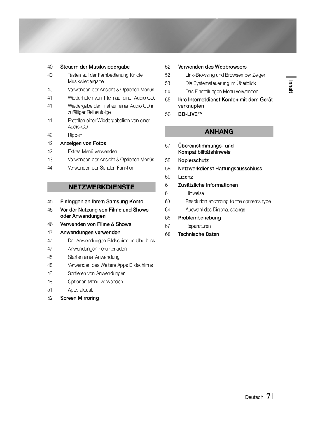 Samsung BD-F6500/XN manual Verwenden der Senden Funktion, Anwendungen herunterladen Starten einer Anwendung, Inhalt Deutsch 