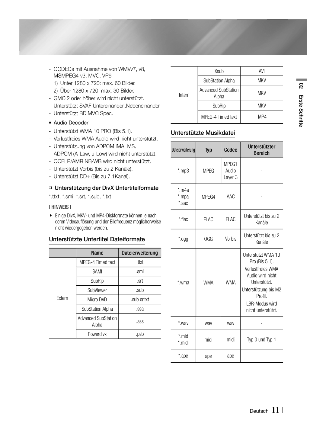 Samsung BD-F6500/XN, BD-F6500/EN, BD-F6500/ZF Unterstützte Untertitel Dateiformate, Unterstützte Musikdatei, Extern, Intern 