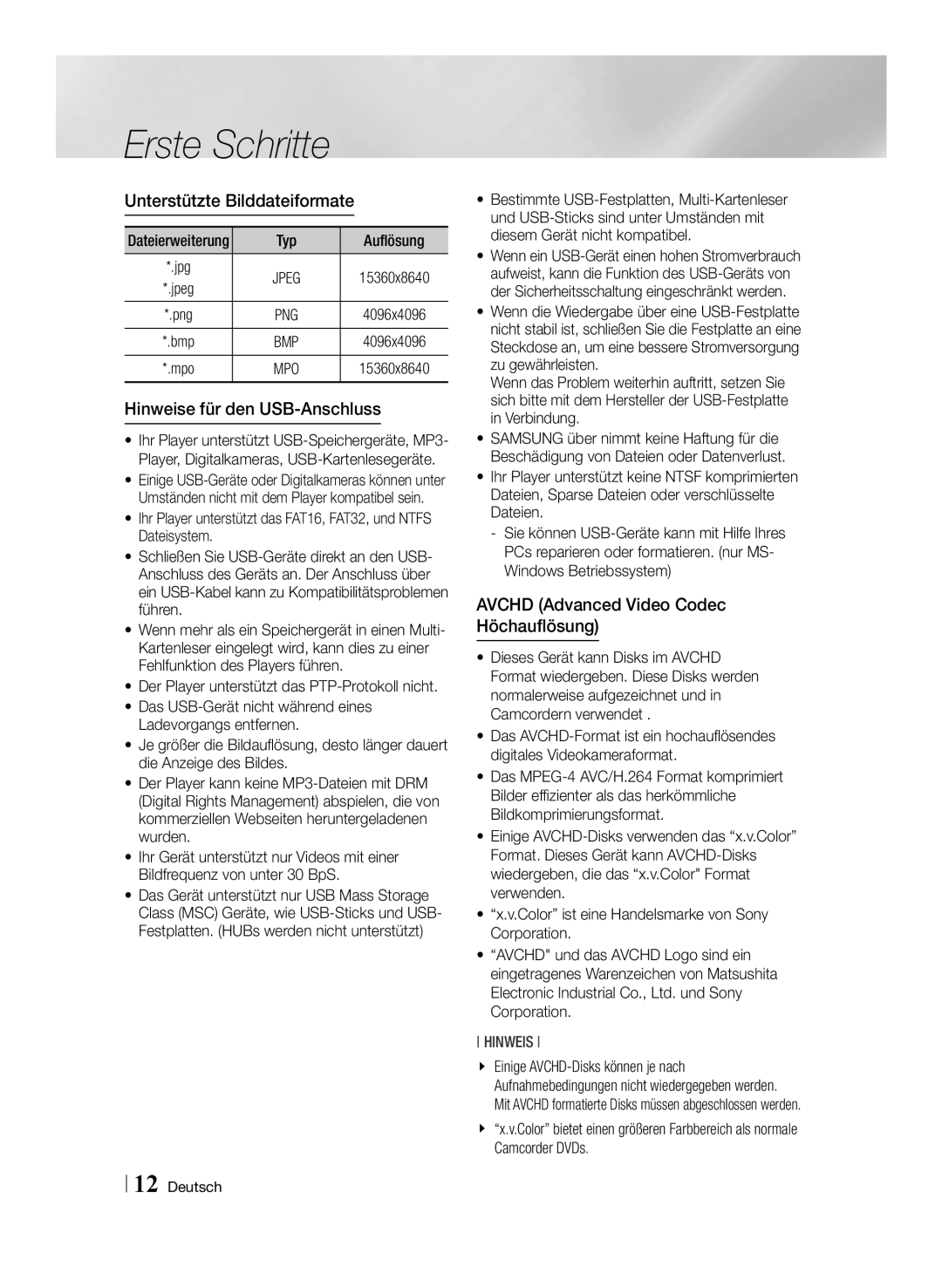 Samsung BD-F6500/EN, BD-F6500/XN Unterstützte Bilddateiformate, Hinweise für den USB-Anschluss, Auflösung, Camcorder DVDs 