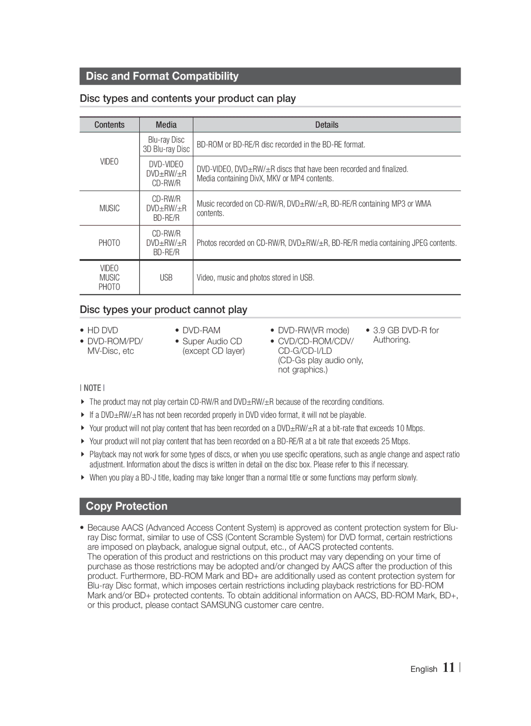 Samsung BD-F6900/EN manual Disc and Format Compatibility, Disc types and contents your product can play, Copy Protection 