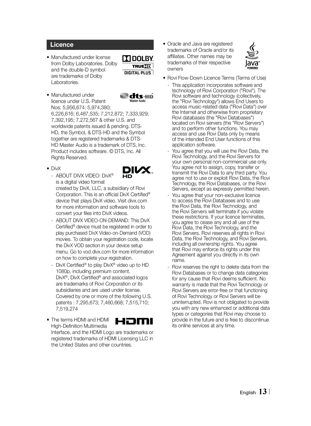 Samsung BD-F6900/EN manual Licence, Are trademarks of Dolby Laboratories, DivX 