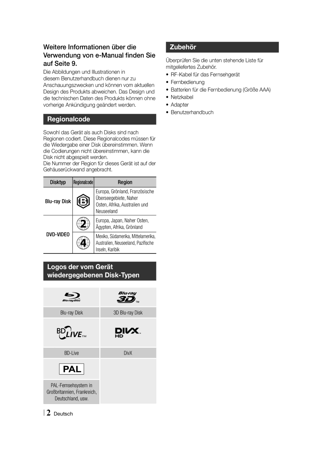 Samsung BD-F6900/EN manual Regionalcode, Zubehör 