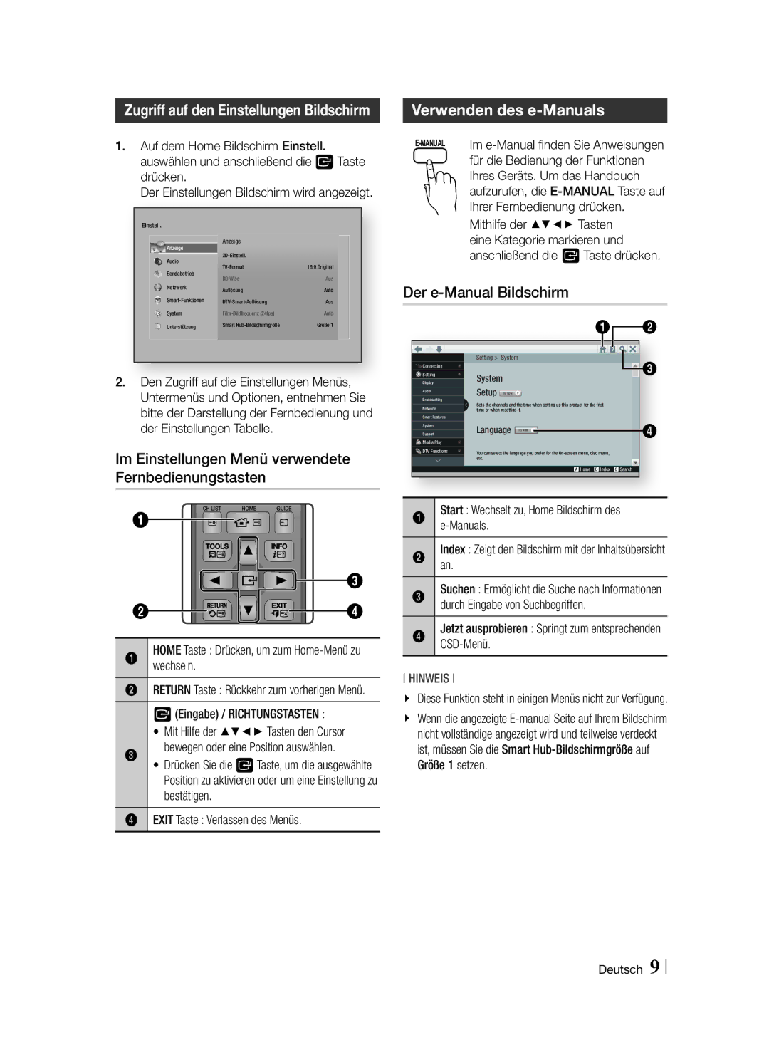 Samsung BD-F6900/EN manual Im Einstellungen Menü verwendete Fernbedienungstasten, Verwenden des e-Manuals 