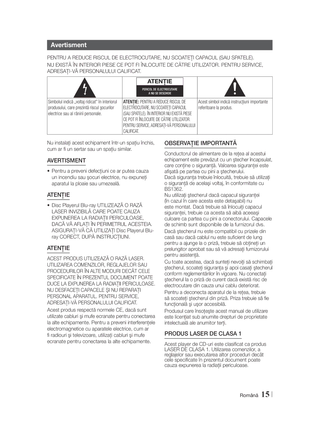 Samsung BD-F6900/EN manual Avertisment, Electrice sau al rănirii personale 