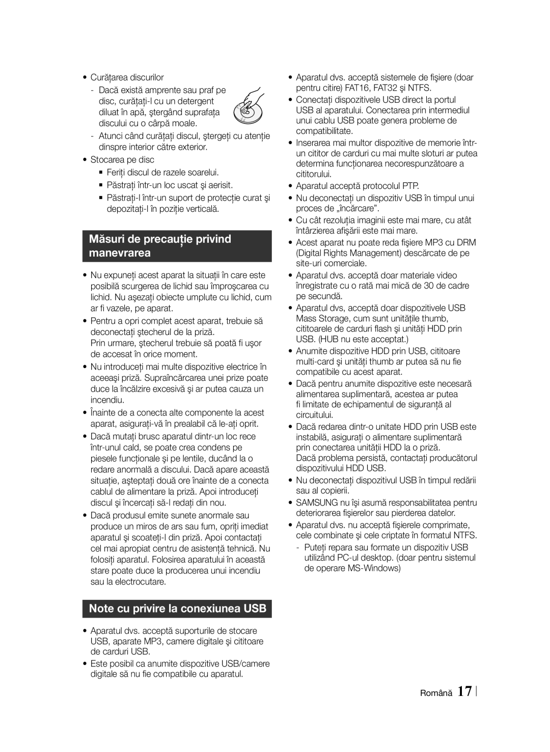 Samsung BD-F6900/EN manual Măsuri de precauţie privind manevrarea, Curăţarea discurilor, De operare MS-Windows 