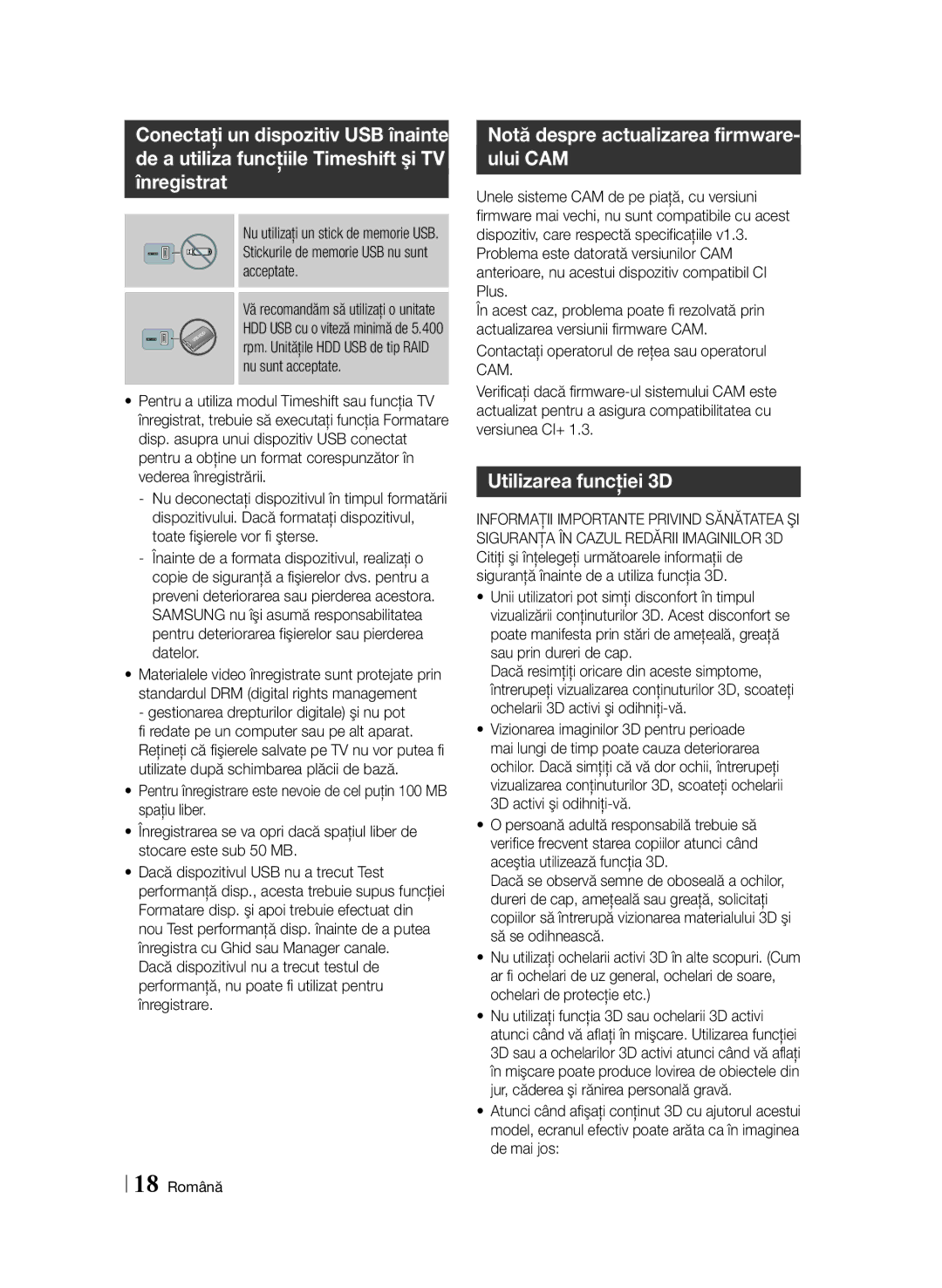 Samsung BD-F6900/EN manual Notă despre actualizarea firmware- ului CAM, Utilizarea funcţiei 3D 