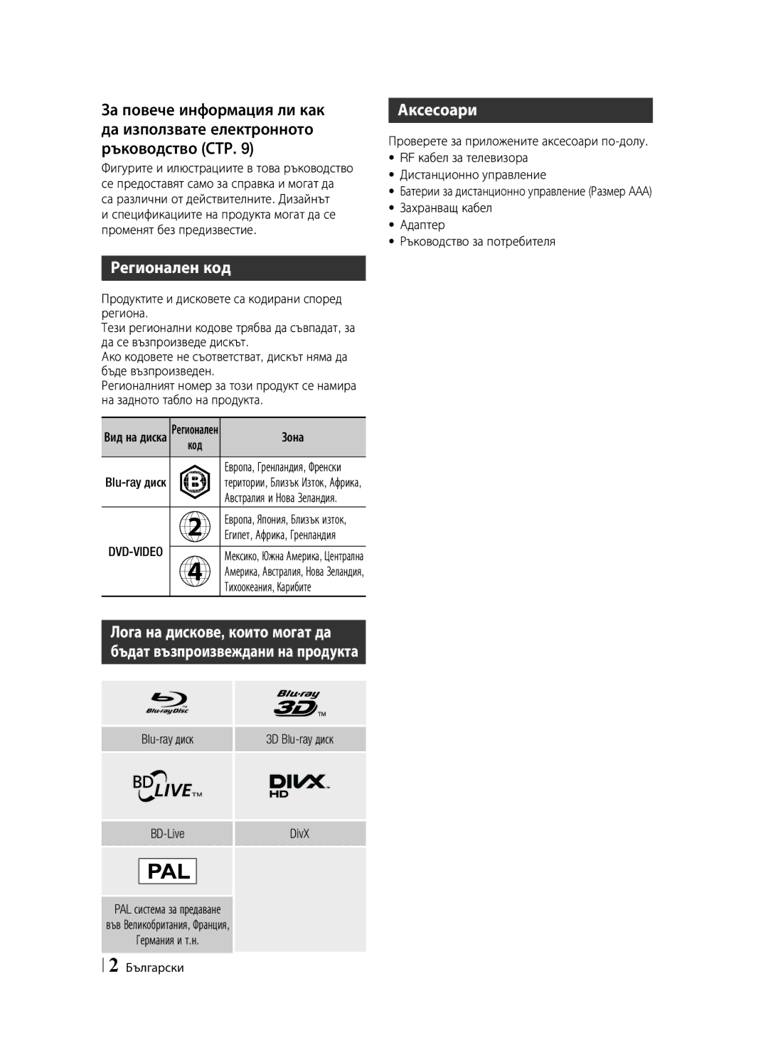 Samsung BD-F6900/EN manual Регионален код, Аксесоари, Продуктите и дисковете са кодирани според региона, Зона 