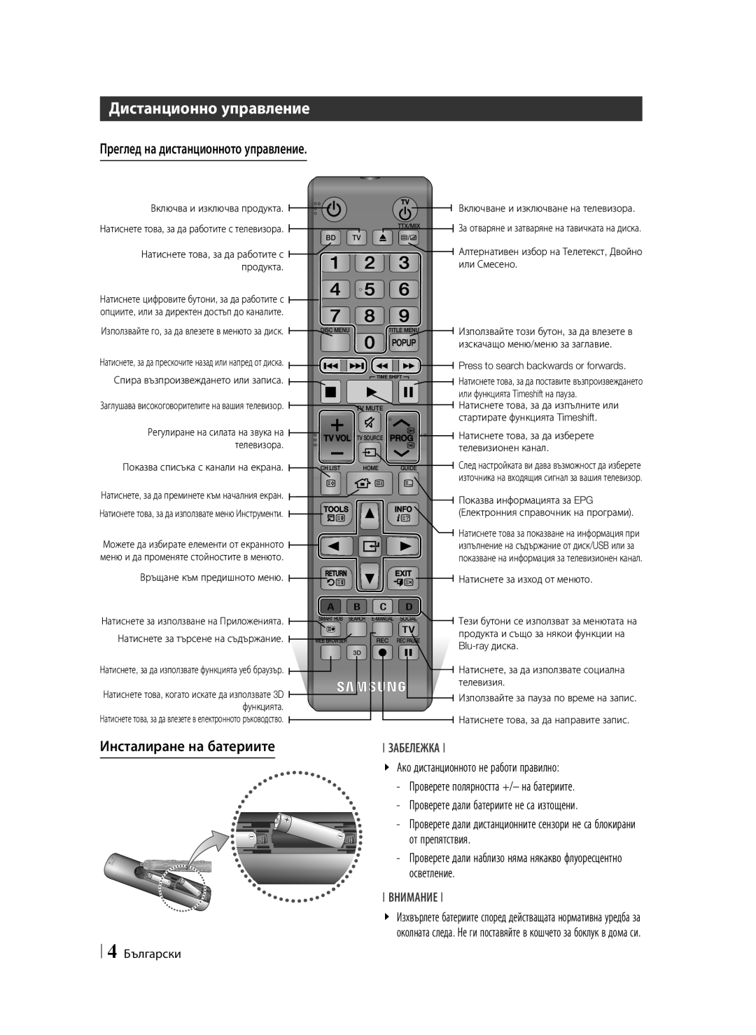 Samsung BD-F6900/EN manual Дистанционно управление, Преглед на дистанционното управление, Инсталиране на батериите 