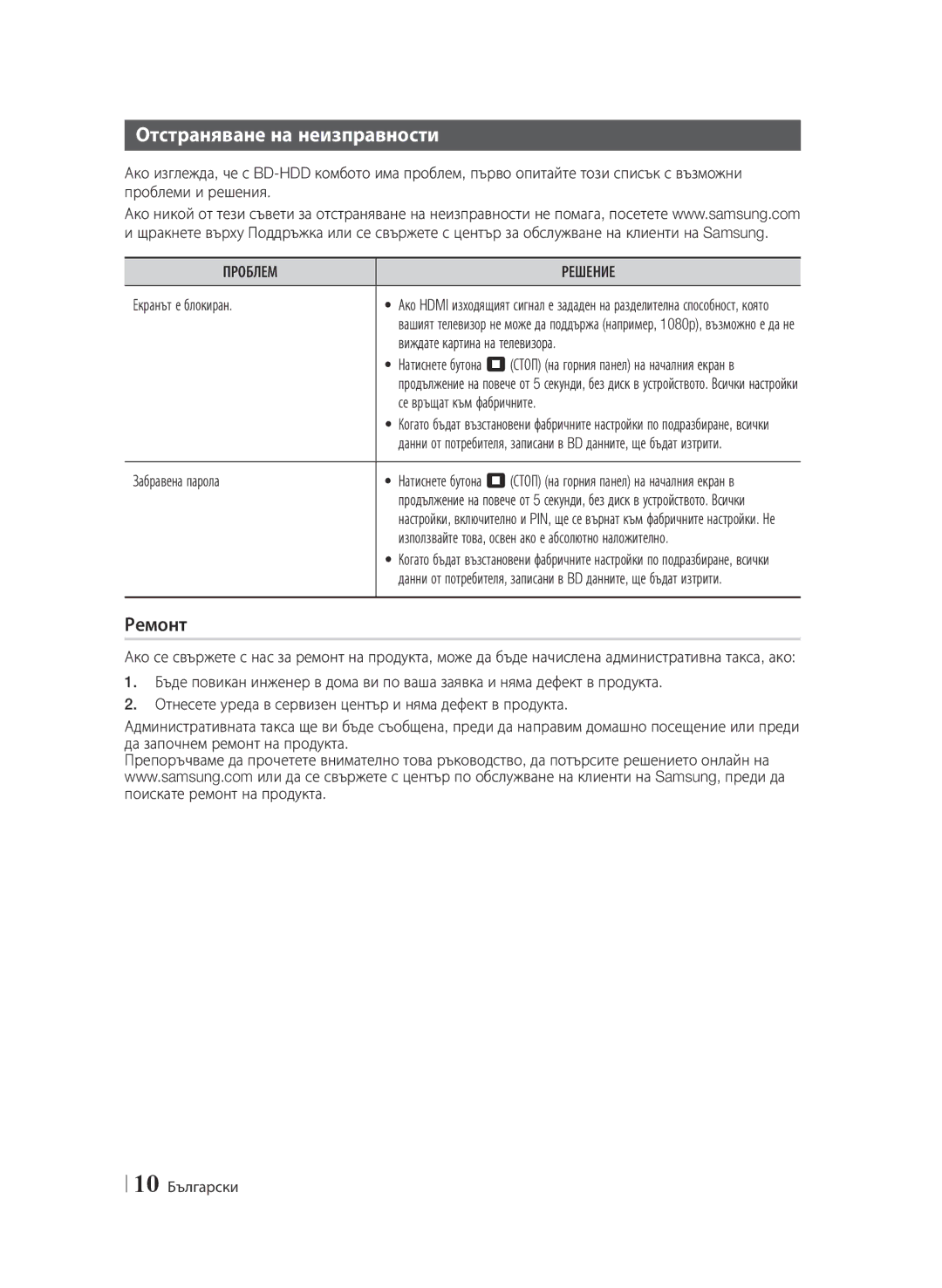 Samsung BD-F6900/EN manual Отстраняване на неизправности, Ремонт, Проблем Решение 