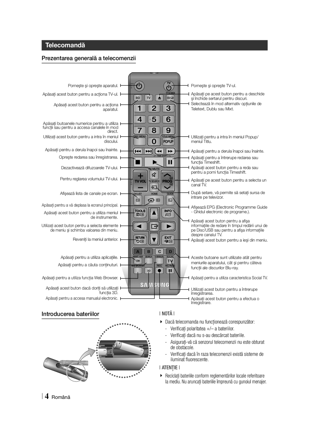 Samsung BD-F6900/EN manual Telecomandă, Prezentarea generală a telecomenzii, Introducerea bateriilor 