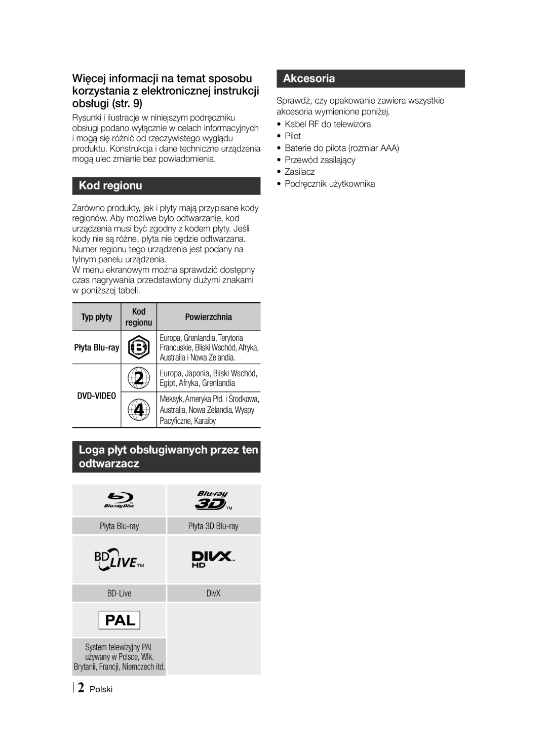 Samsung BD-F6900/EN manual Kod regionu, Loga płyt obsługiwanych przez ten odtwarzacz, Akcesoria, Pacyficzne, Karaiby 